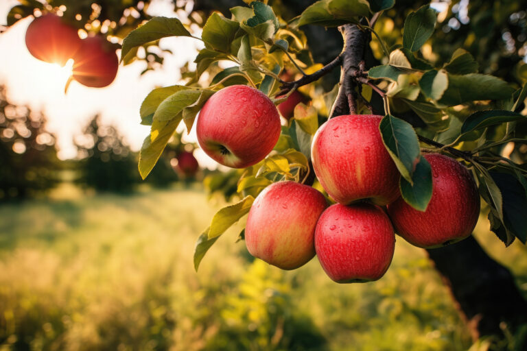 Organic red apple hanging from a tree branch in an orchard background. Copy space